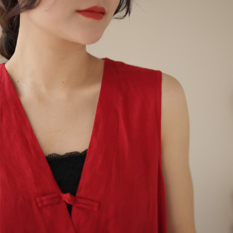 Buddha Stones Casual Lace-Up Simple Sleeveless Design Women's Cotton Linen Jumpsuit With Pockets - image 12