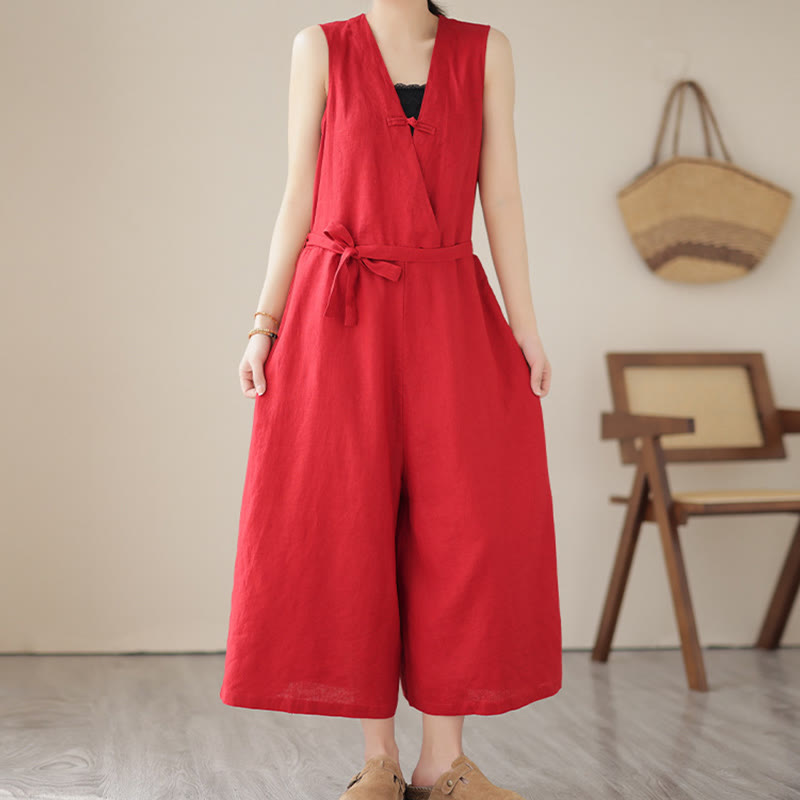 Buddha Stones Casual Lace-Up Simple Sleeveless Design Women's Cotton Linen Jumpsuit With Pockets - Red - US14,UK/AU18,EU46 (2XL) - image 6