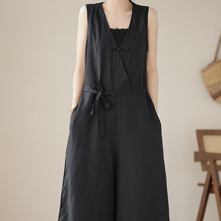 Buddha Stones Casual Lace-Up Simple Sleeveless Design Women's Cotton Linen Jumpsuit With Pockets - image 18