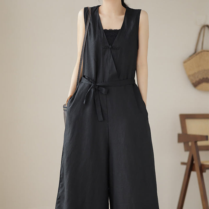 Buddha Stones Casual Lace-Up Simple Sleeveless Design Women's Cotton Linen Jumpsuit With Pockets - image 21