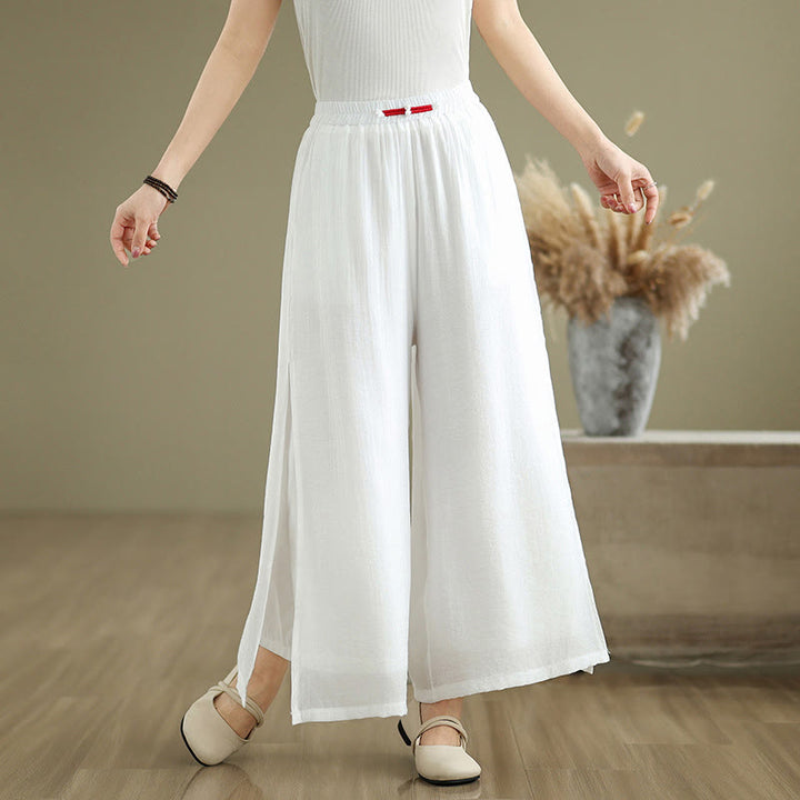 Buddha Stones Casual Vintage Side Slit Hem Design Cotton Linen Women's Wide Leg Pants With Pockets - White - US8-10,UK/AU12-14,EU40-42 (2XL) - image 9