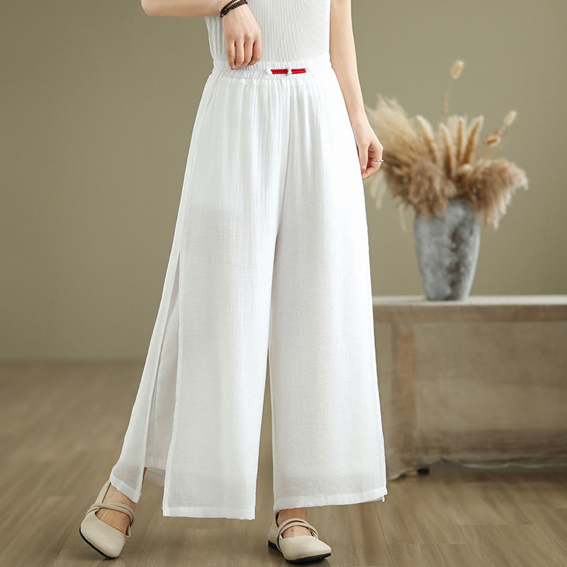 Buddha Stones Casual Vintage Side Slit Hem Design Cotton Linen Women's Wide Leg Pants With Pockets - image 13