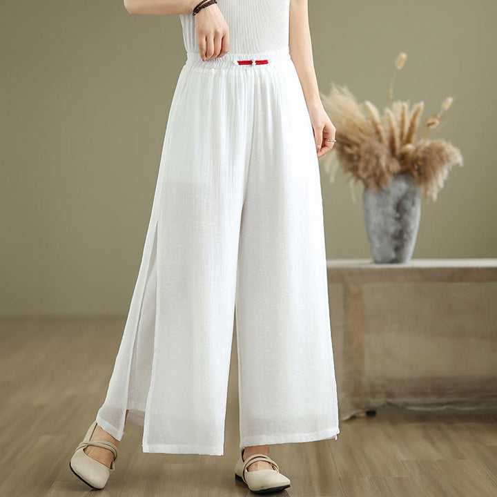Buddha Stones Casual Vintage Side Slit Hem Design Cotton Linen Women's Wide Leg Pants With Pockets - image 13