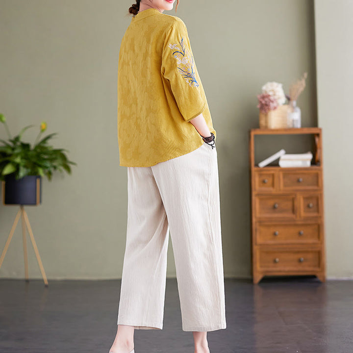 Buddha Stones Summer Embroidery Flower Three Quarter Sleeve Design Women's Cotton Linen  Notched Collar Shirt - image 16