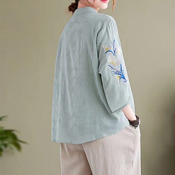 Buddha Stones Summer Embroidery Flower Three Quarter Sleeve Design Women's Cotton Linen  Notched Collar Shirt - image 7