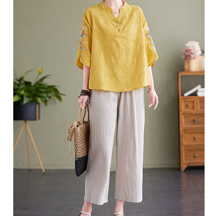 Buddha Stones Summer Embroidery Flower Three Quarter Sleeve Design Women's Cotton Linen  Notched Collar Shirt - image 18