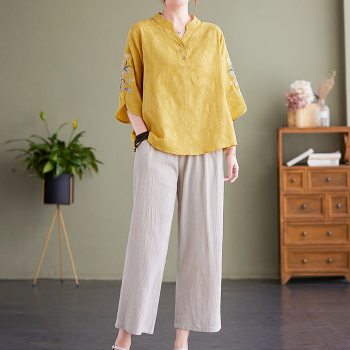 Buddha Stones Summer Embroidery Flower Three Quarter Sleeve Design Women's Cotton Linen  Notched Collar Shirt - image 15