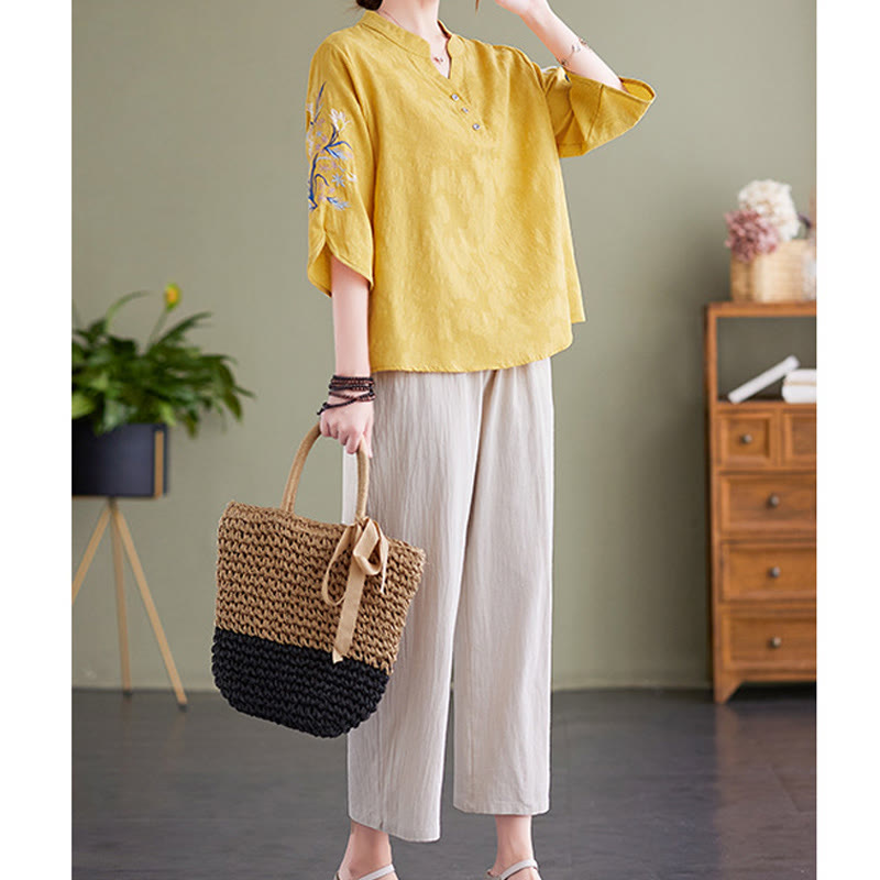 Buddha Stones Summer Embroidery Flower Three Quarter Sleeve Design Women's Cotton Linen  Notched Collar Shirt - image 19