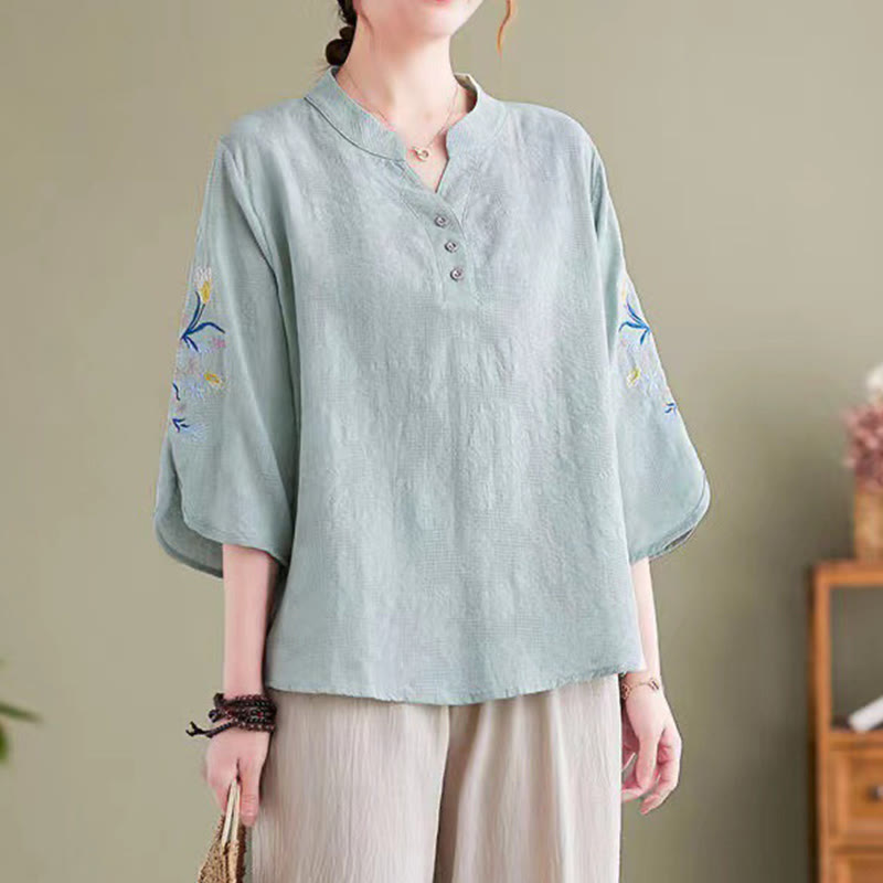 Buddha Stones Summer Embroidery Flower Three Quarter Sleeve Design Women's Cotton Linen  Notched Collar Shirt - PaleTurquoise - US14,UK/AU18,EU46 (4XL) - image 6