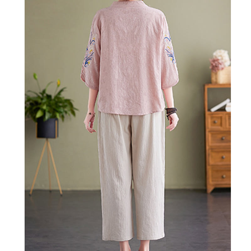 Buddha Stones Summer Embroidery Flower Three Quarter Sleeve Design Women's Cotton Linen  Notched Collar Shirt - image 2
