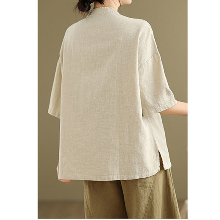 Buddha Stones Plain Chinese Frog-Button Stand Collar Design Women's Cotton Linen Half Sleeve Shirt - image 3