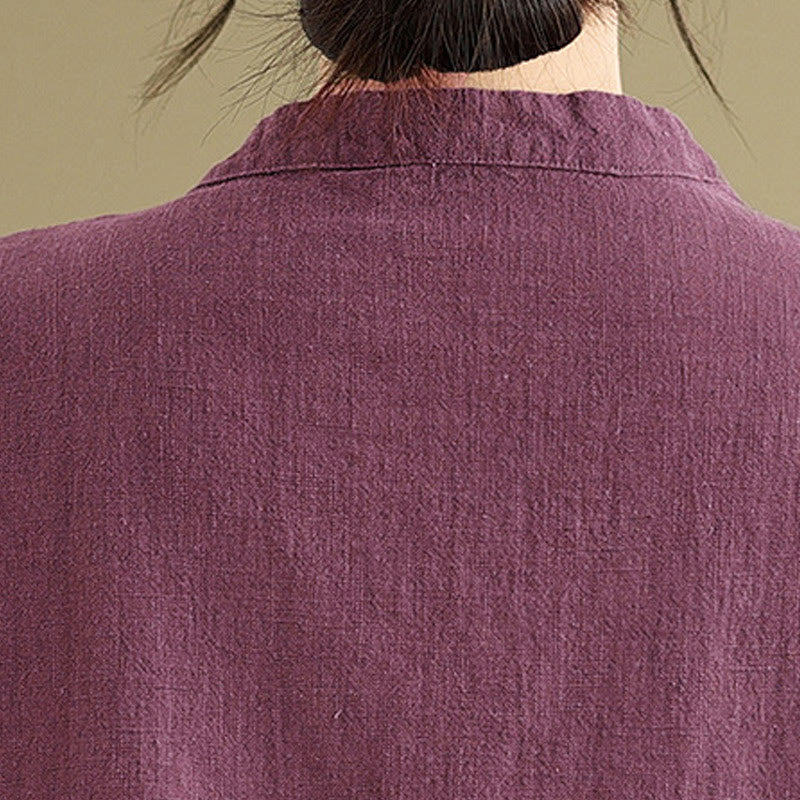 Buddha Stones Plain Chinese Frog-Button Stand Collar Design Women's Cotton Linen Half Sleeve Shirt - image 13