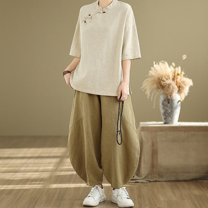 Buddha Stones Plain Chinese Frog-Button Stand Collar Design Women's Cotton Linen Half Sleeve Shirt - image 4