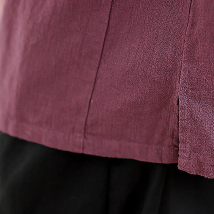 Buddha Stones Plain Chinese Frog-Button Stand Collar Design Women's Cotton Linen Half Sleeve Shirt - image 16