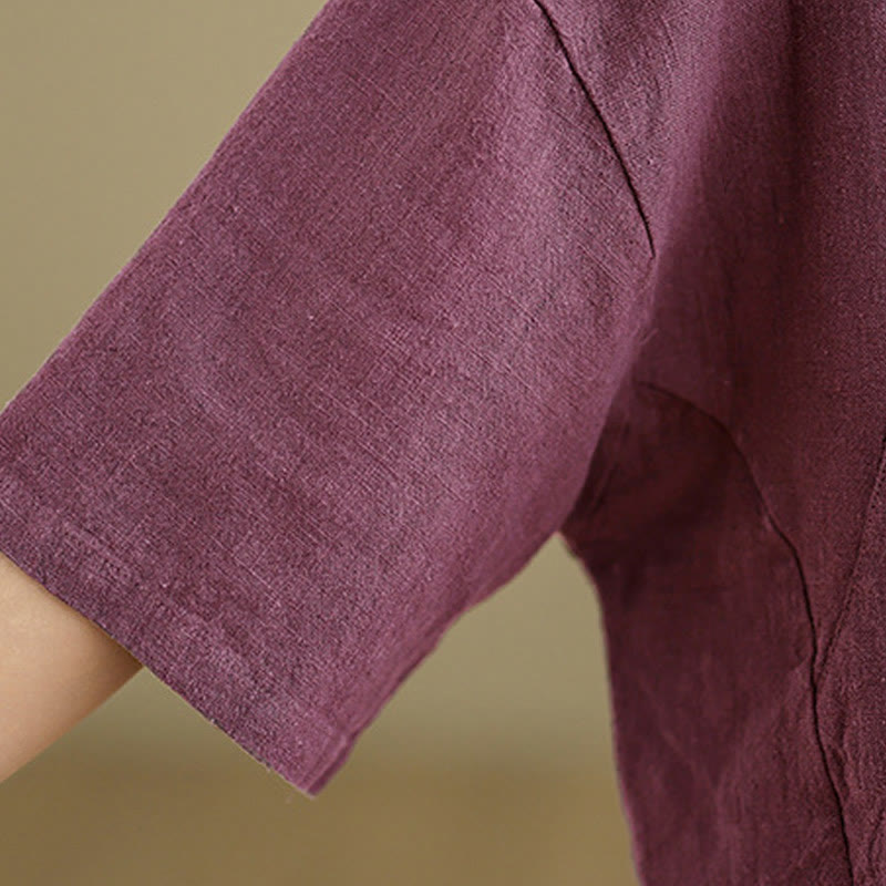 Buddha Stones Plain Chinese Frog-Button Stand Collar Design Women's Cotton Linen Half Sleeve Shirt - image 15