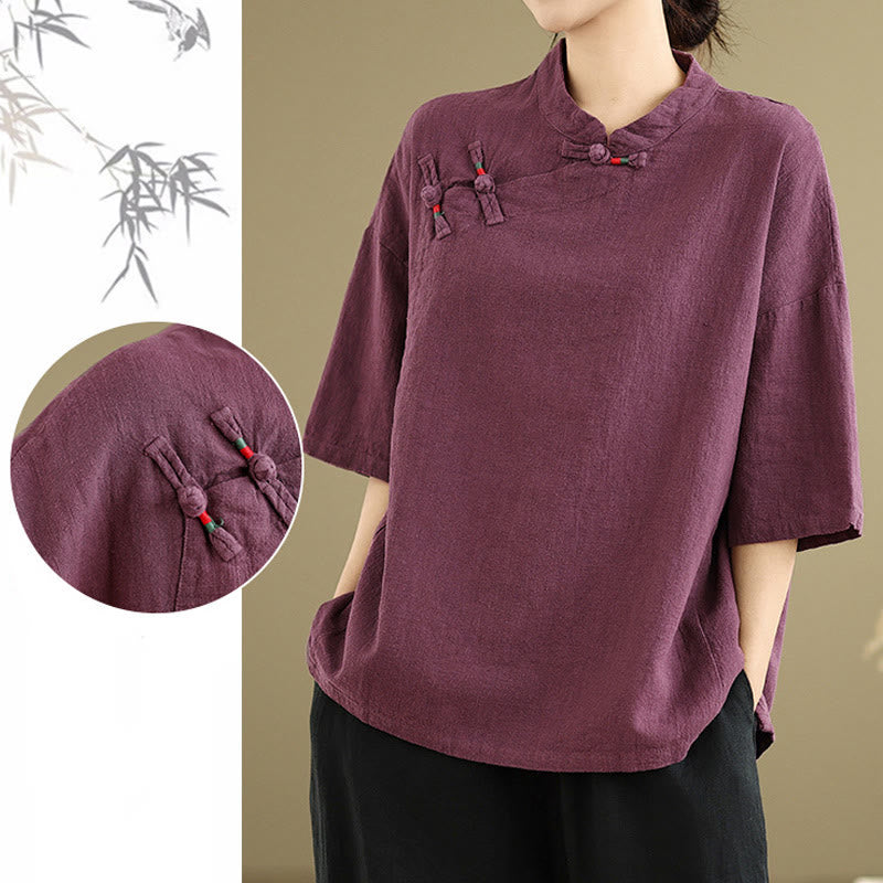 Buddha Stones Plain Chinese Frog-Button Stand Collar Design Women's Cotton Linen Half Sleeve Shirt - image 9