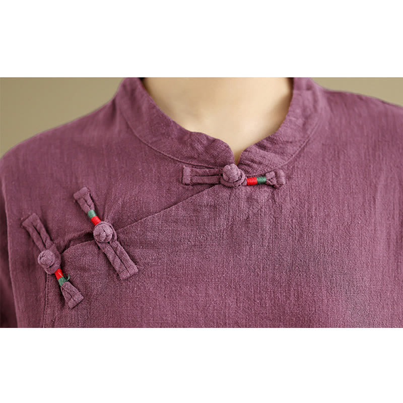Buddha Stones Plain Chinese Frog-Button Stand Collar Design Women's Cotton Linen Half Sleeve Shirt - image 12
