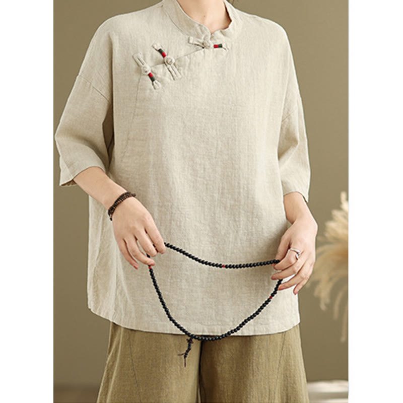 Buddha Stones Plain Chinese Frog-Button Stand Collar Design Women's Cotton Linen Half Sleeve Shirt - image 2