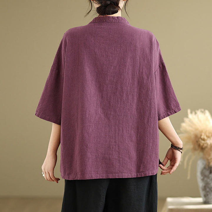Buddha Stones Plain Chinese Frog-Button Stand Collar Design Women's Cotton Linen Half Sleeve Shirt - image 7