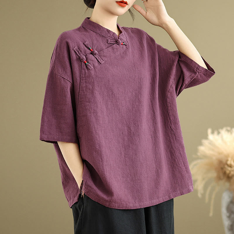 Buddha Stones Plain Chinese Frog-Button Stand Collar Design Women's Cotton Linen Half Sleeve Shirt - image 8