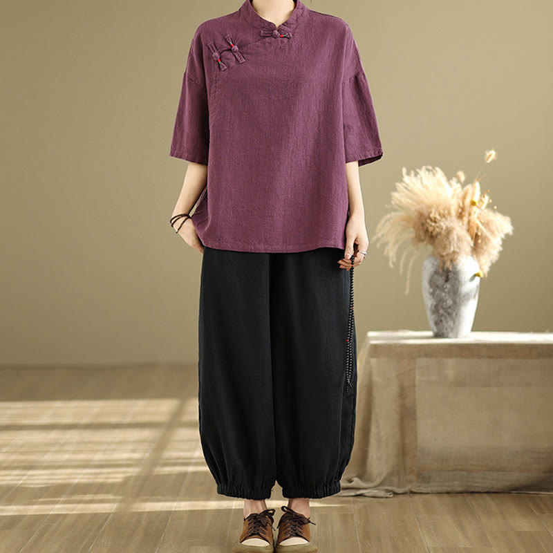 Buddha Stones Plain Chinese Frog-Button Stand Collar Design Women's Cotton Linen Half Sleeve Shirt - image 11