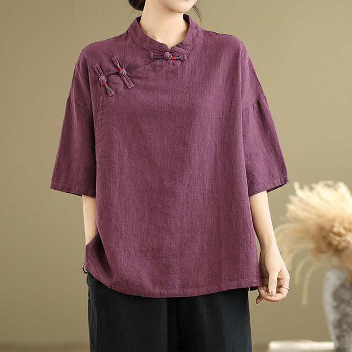 Buddha Stones Plain Chinese Frog-Button Stand Collar Design Women's Cotton Linen Half Sleeve Shirt - Purple - US8-10,UK/AU12-14,EU40-42 (2XL) - image 6