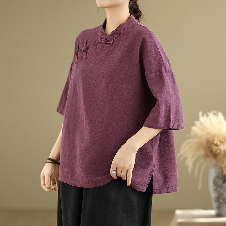 Buddha Stones Plain Chinese Frog-Button Stand Collar Design Women's Cotton Linen Half Sleeve Shirt - image 10