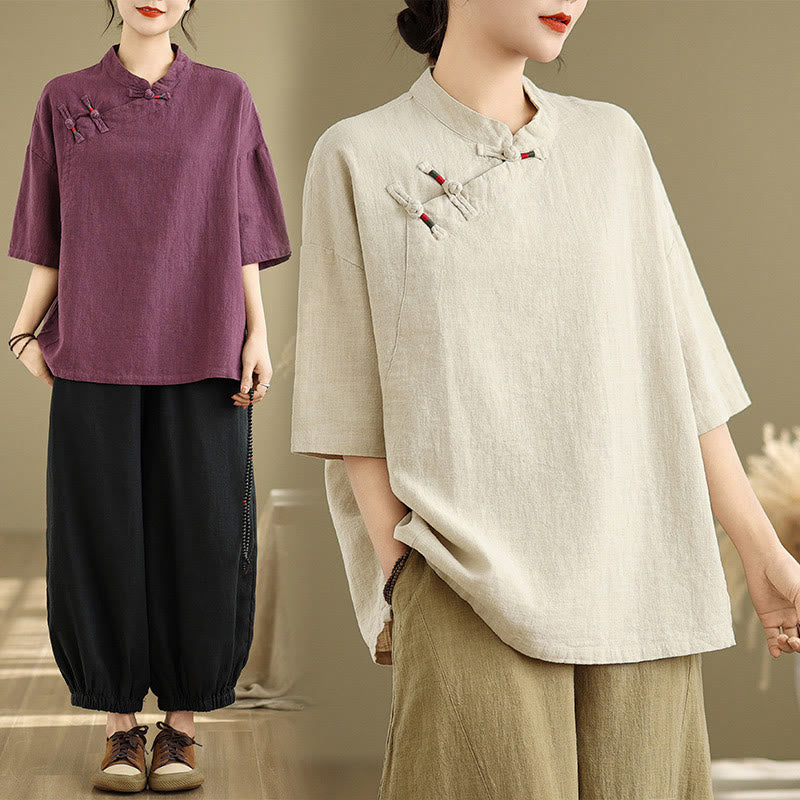 Buddha Stones Plain Chinese Frog-Button Stand Collar Design Women's Cotton Linen Half Sleeve Shirt - image 5