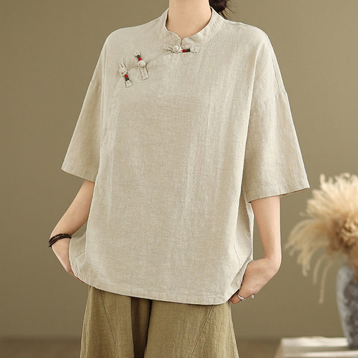 Buddha Stones Plain Chinese Frog-Button Stand Collar Design Women's Cotton Linen Half Sleeve Shirt - image 1