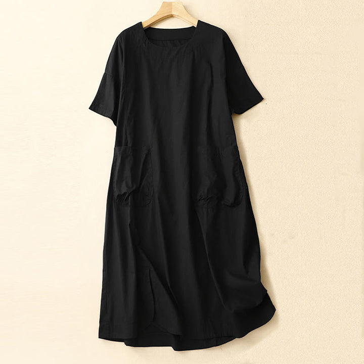 Buddha Stones Summer Plain Crew Neck Simple Short Sleeve Design Midi Dress With Pockets - Black - US8-10,UK/AU12-14,EU40-42 (2XL) - image 7