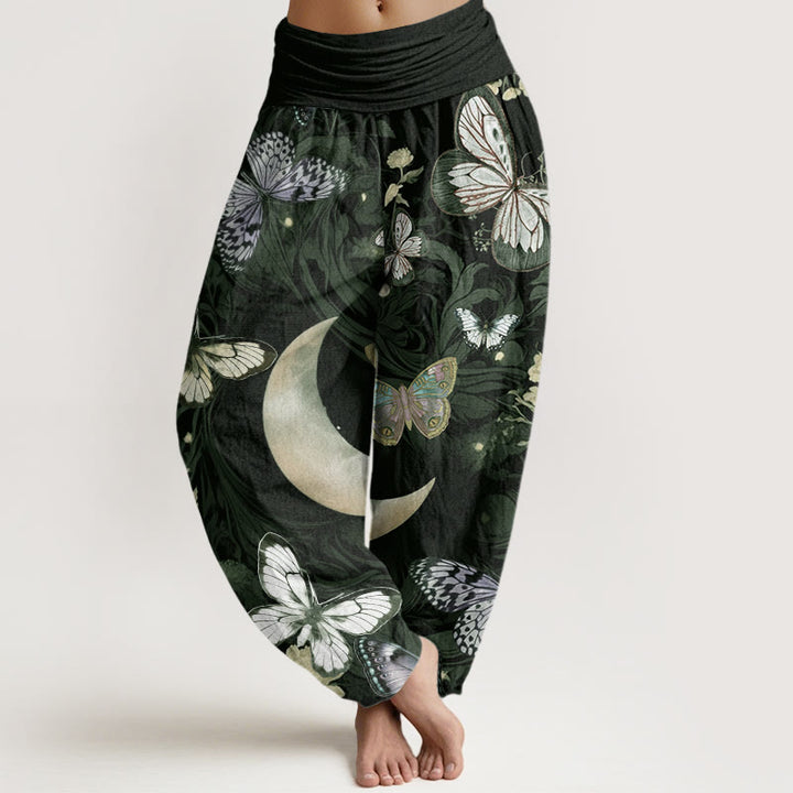 Buddha Stones Butterfly Flowers Crescent Moon Pattern Design Women's Elastic Waist Harem Pants - DarkSlateGray - US22,UK/AU26,EU54 (6XL) - image 4