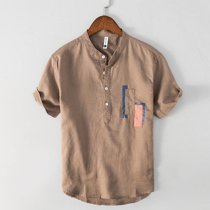 Buddha Stones Daily Plain Patch Color Matching Design Men's Short Sleeve Cotton Linen Shirt - Peru - US/UK/AU42,EU52 (3XL) - image 9