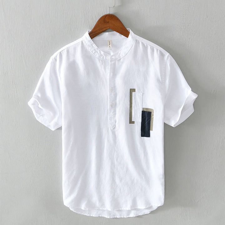 Buddha Stones Daily Plain Patch Color Matching Design Men's Short Sleeve Cotton Linen Shirt - White - US/UK/AU42,EU52 (3XL) - image 1