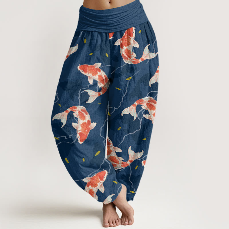 Buddha Stones Red White Koi Fish Pattern Design Women's Elastic Waist Harem Pants - SteelBlue - US22,UK/AU26,EU54 (6XL) - image 0