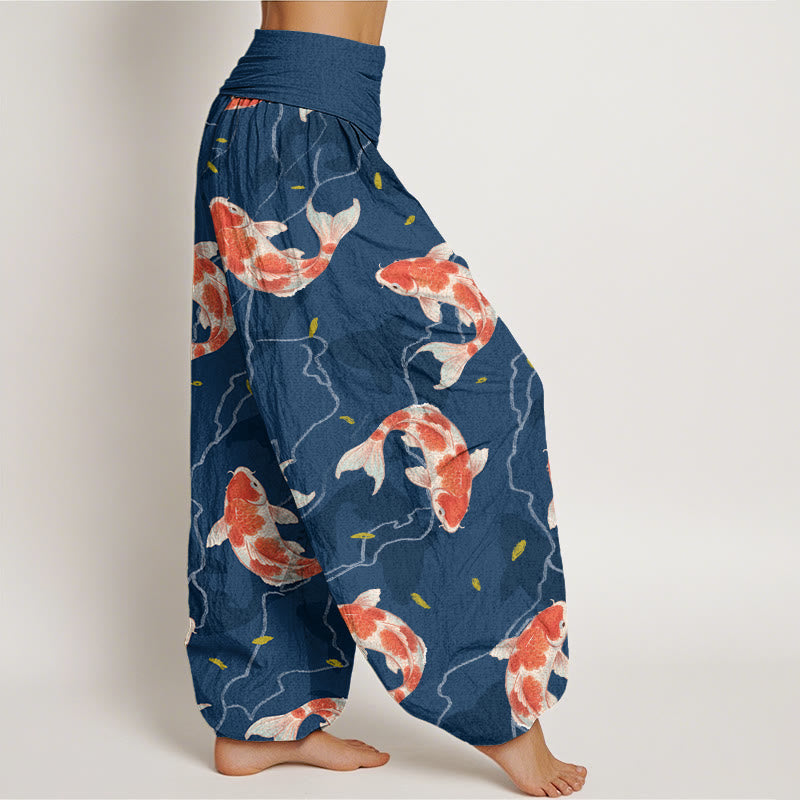 Buddha Stones Red White Koi Fish Pattern Design Women's Elastic Waist Harem Pants - image 2