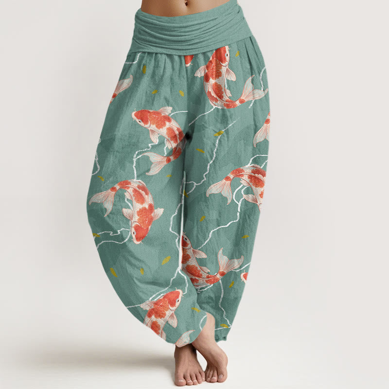 Buddha Stones Red White Koi Fish Pattern Design Women's Elastic Waist Harem Pants - MediumTurquoise - US22,UK/AU26,EU54 (6XL) - image 4
