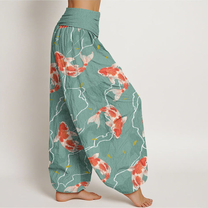 Buddha Stones Red White Koi Fish Pattern Design Women's Elastic Waist Harem Pants - image 6