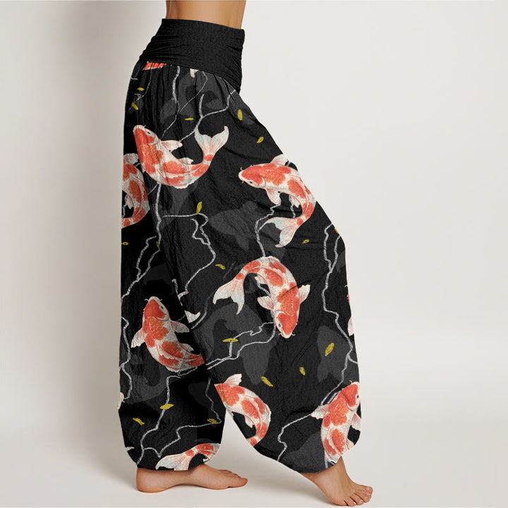 Buddha Stones Red White Koi Fish Pattern Design Women's Elastic Waist Harem Pants - image 9