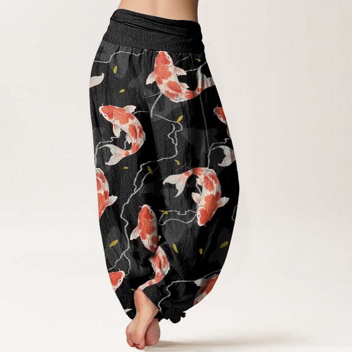 Buddha Stones Red White Koi Fish Pattern Design Women's Elastic Waist Harem Pants - image 8