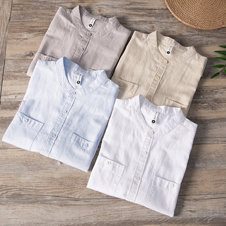Buddha Stones Casual Daily Simple Buttons Design Stand Collar Men's Short Sleeve Cotton Linen Shirt With Front Pockets - image 17