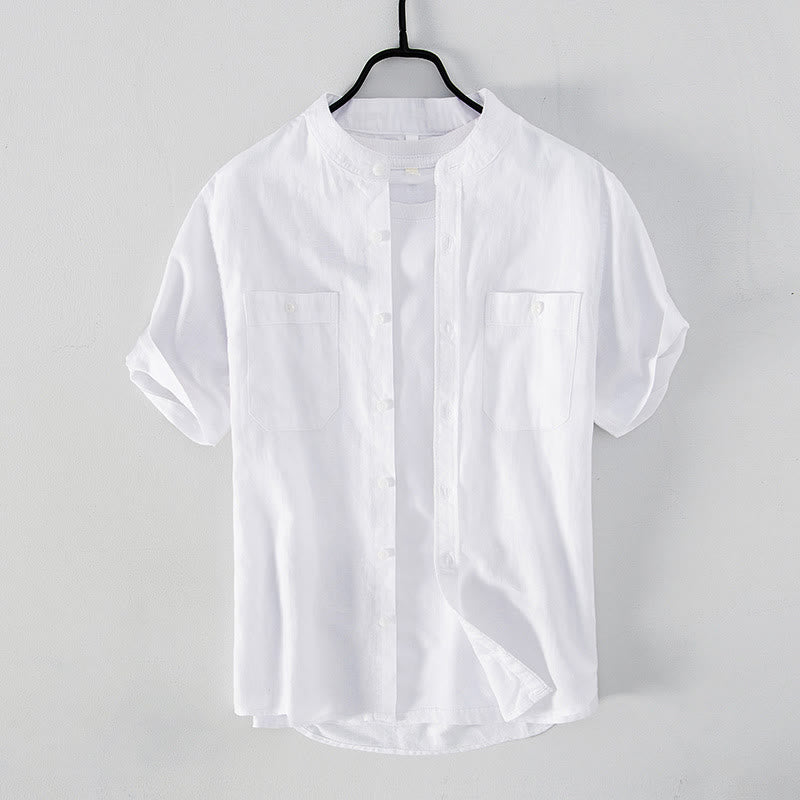 Buddha Stones Casual Daily Simple Buttons Design Stand Collar Men's Short Sleeve Cotton Linen Shirt With Front Pockets - image 1