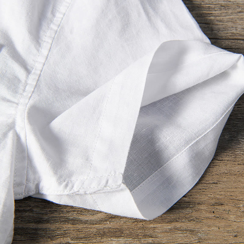 Buddha Stones Casual Daily Simple Buttons Design Stand Collar Men's Short Sleeve Cotton Linen Shirt With Front Pockets - image 6