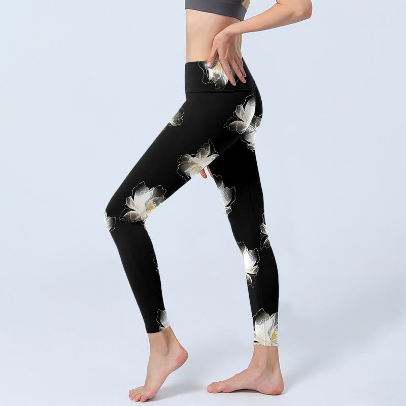 Buddha Stones Black White Lotus Petals Pattern Print Gym Leggings Women's Yoga Pants - image 2