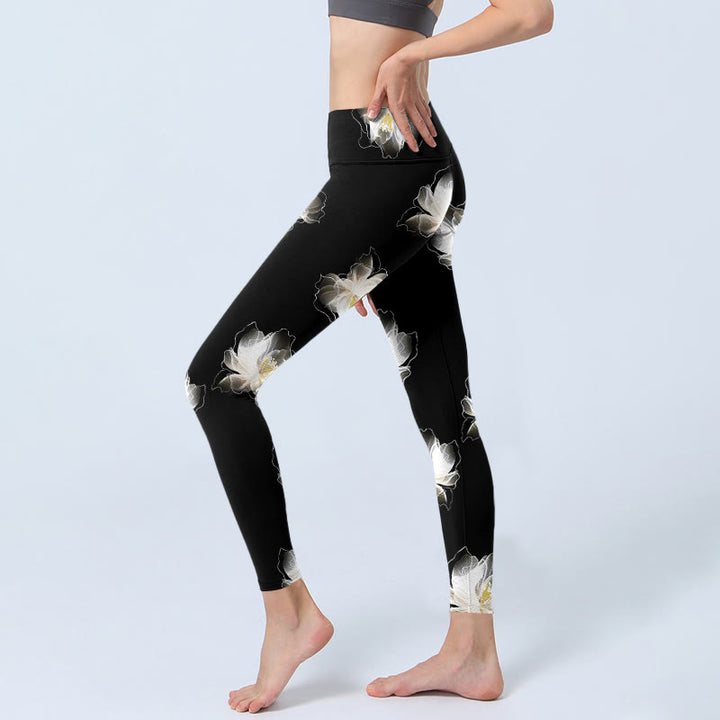 Buddha Stones Black White Lotus Petals Pattern Print Gym Leggings Women's Yoga Pants - image 2