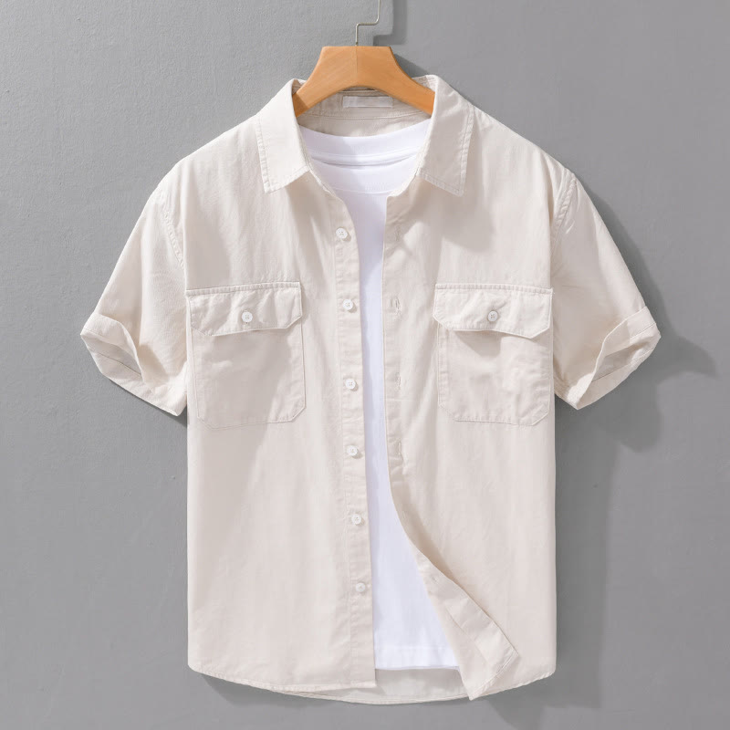 Buddha Stones Daily Pure Color Lapel Men's Short Sleeve Cotton Linen Shirt With Pockets - Beige - US/UK/AU42,EU52 (3XL) - image 0