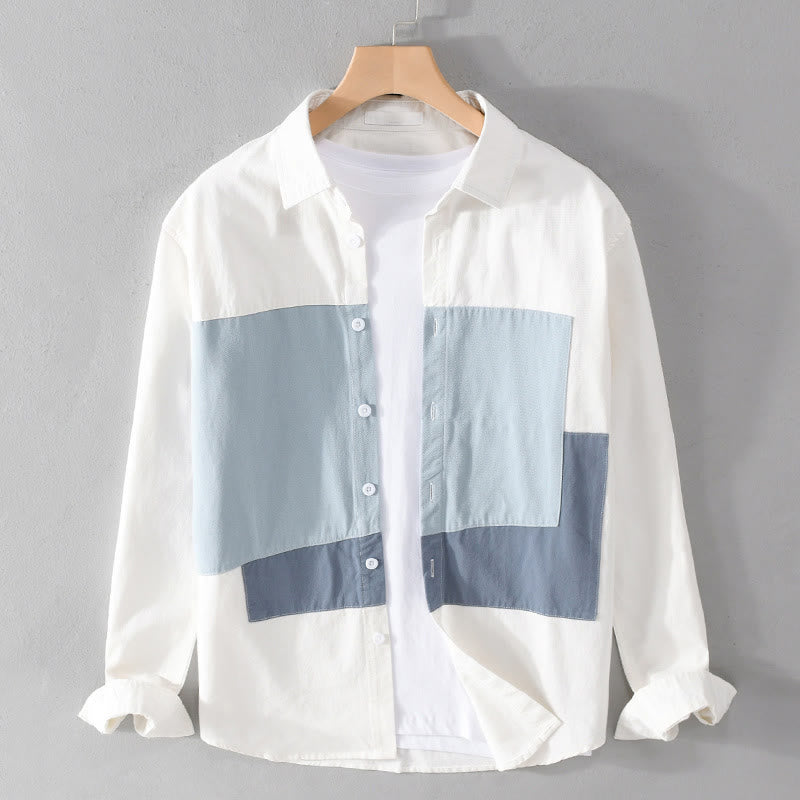 Buddha Stones Spring Stitching Contrast Color Lapel Long Sleeve Button Design Men's Cotton Linen Shirt With Pockets - LightBlue - US/UK/AU42,EU52 (3XL) - image 0