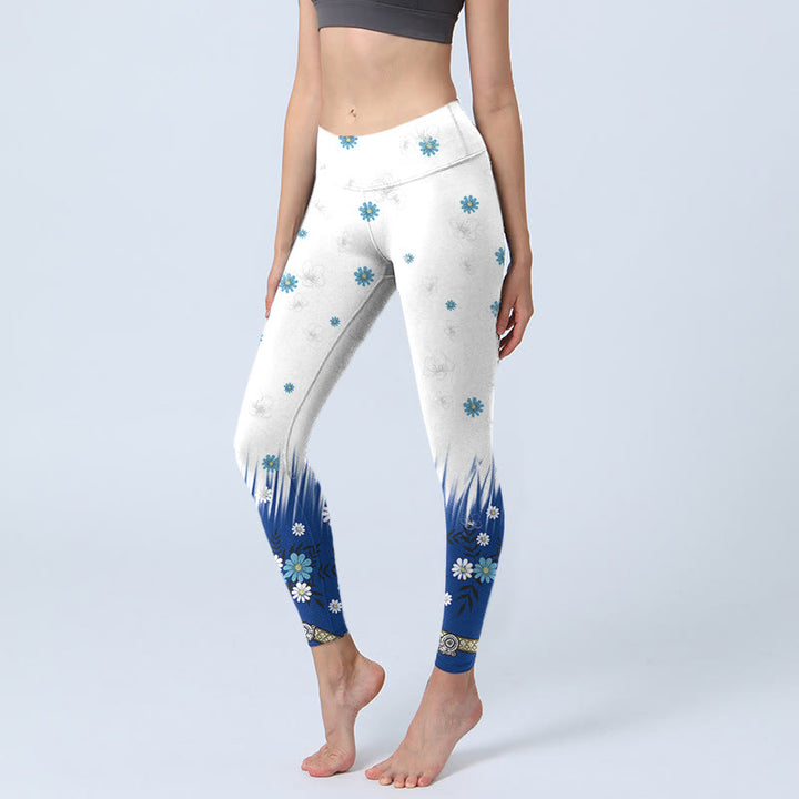 Buddha Stones White Flowers Grass Leaves Pattern Print Gym Leggings Women's Yoga Pants - Snow - US18,UK/AU22,EU50 (4XL) - image 0