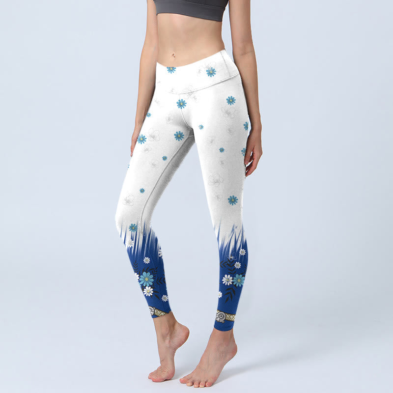 Buddha Stones White Flowers Grass Leaves Pattern Print Gym Leggings Women's Yoga Pants - Snow - US18,UK/AU22,EU50 (4XL) - image 0