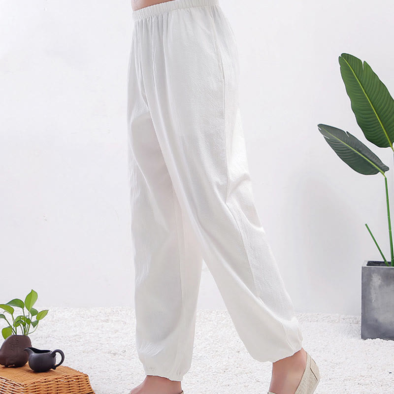 Buddha Stones Summer Solid Color Unisex Elastic Waist Tai Chi Qigong Practice Pants With Pockets - White Female - 3XL-FIT FOR US/UK/AU/EU-2XL - image 3