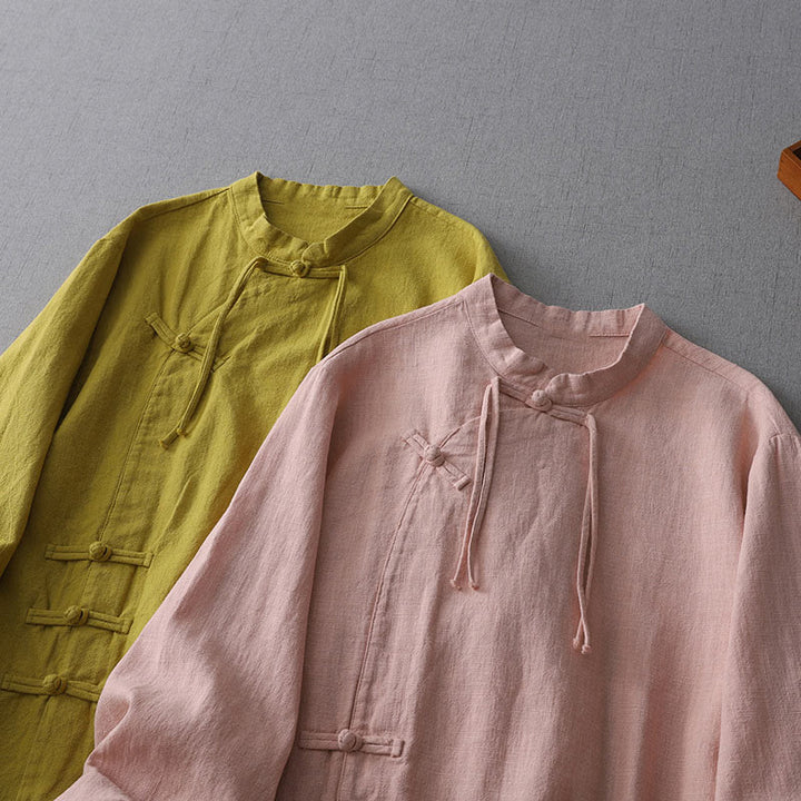 Buddha Stones Vintage Chinese Frog-Button Design Stand Collar Zen Women's Long Sleeve Cotton Linen Shirt - image 8